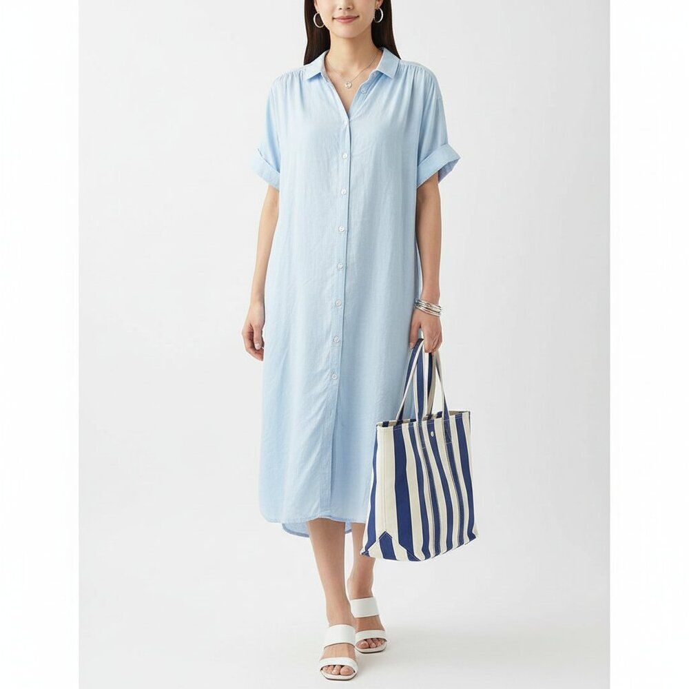 Well Worn 100% Linen Blue Short Sleeve Button Down Shirt Dress L